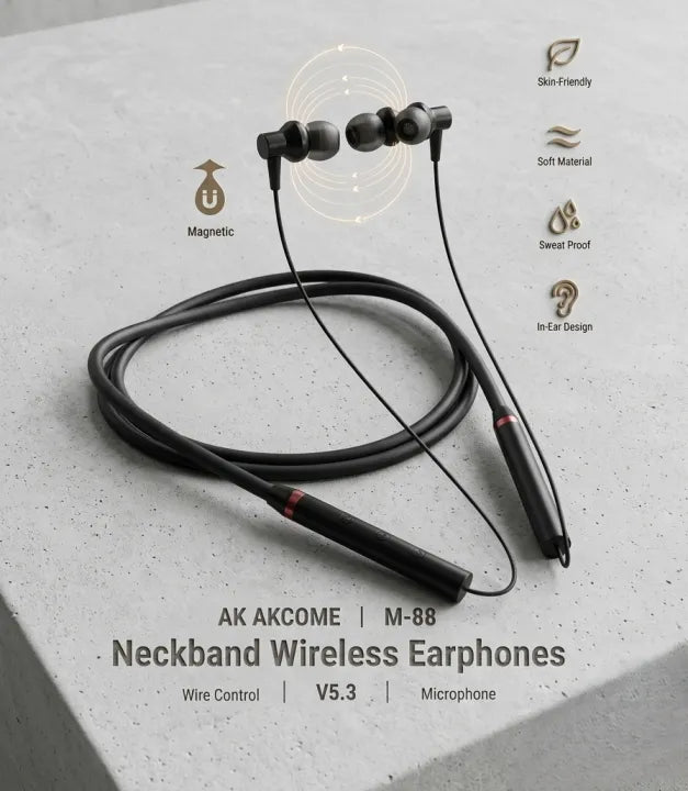 AKCOME M-88 Wireless Neckband Earphones | Bluetooth 5.3, Built-in Mic & Magnetic Buds