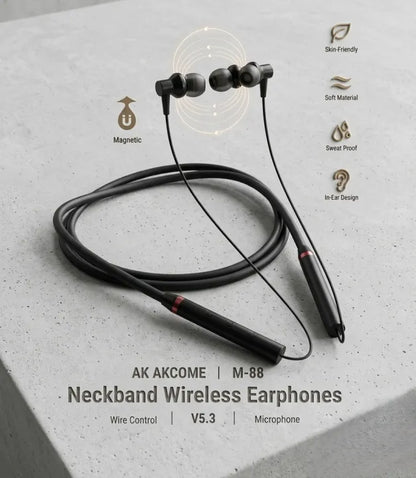 AKCOME M-88 Wireless Neckband Earphones | Bluetooth 5.3, Built-in Mic & Magnetic Buds