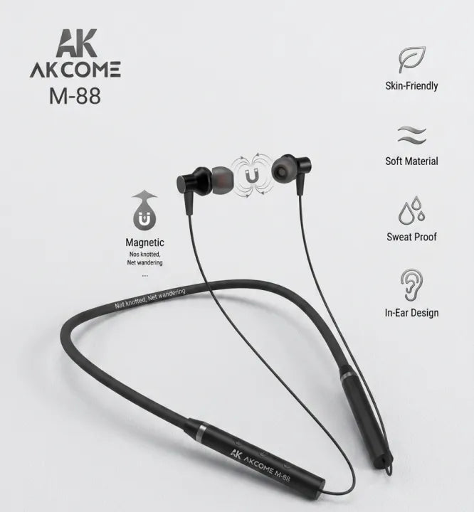AKCOME M-88 Wireless Neckband Earphones | Bluetooth 5.3, Built-in Mic & Magnetic Buds