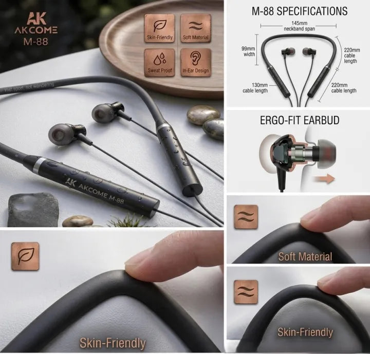 AKCOME M-88 Wireless Neckband Earphones | Bluetooth 5.3, Built-in Mic & Magnetic Buds