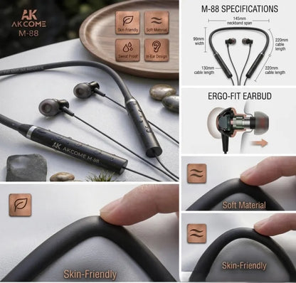 AKCOME M-88 Wireless Neckband Earphones | Bluetooth 5.3, Built-in Mic & Magnetic Buds