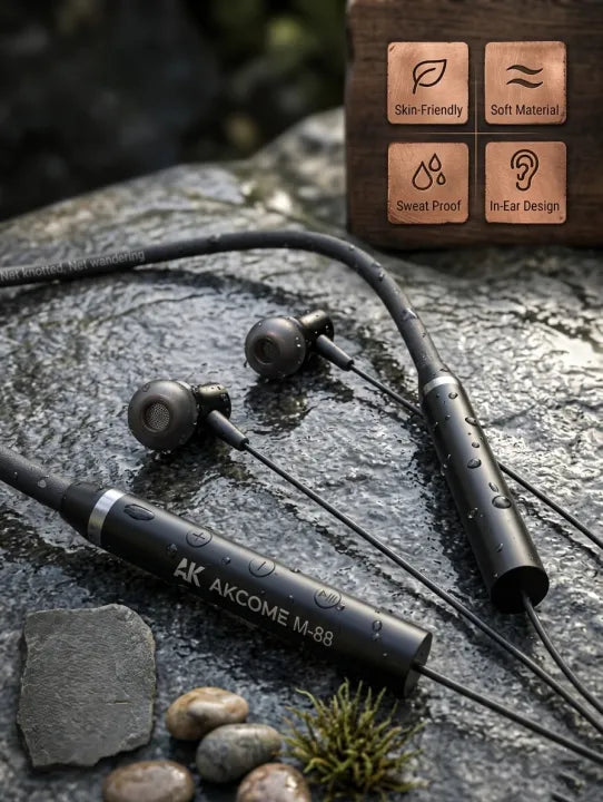 AKCOME M-88 Wireless Neckband Earphones | Bluetooth 5.3, Built-in Mic & Magnetic Buds